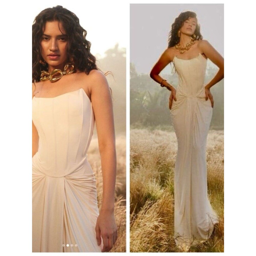 Deme by Gabriella Gown Maxi Dress Pearl Corset Draped Bridal Wedding size S